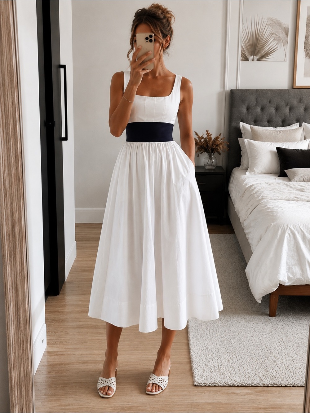 Staud Rig Cotton Fit & Flare Midi Dress White Navy Waistband Size US 2 NWT